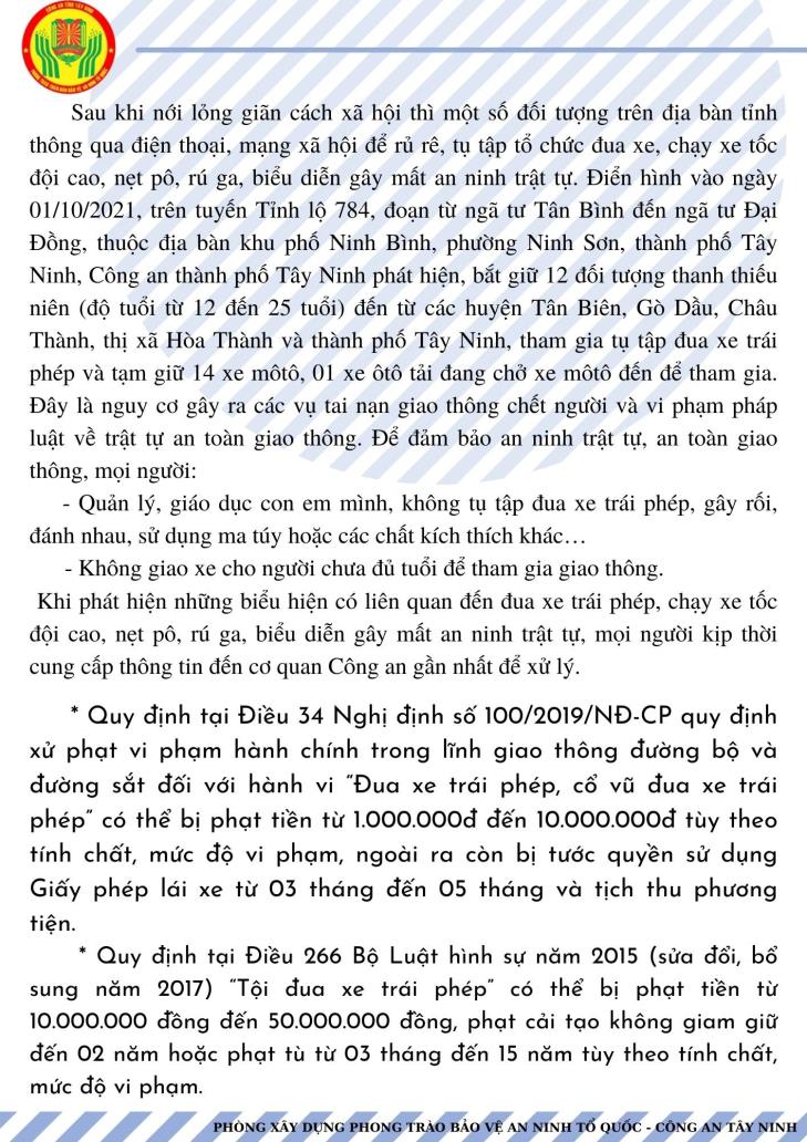 CẢNH BÁO VIỆC TỤ TẬP TỔ CHỨC ĐUA XE TRÁI PHÉP