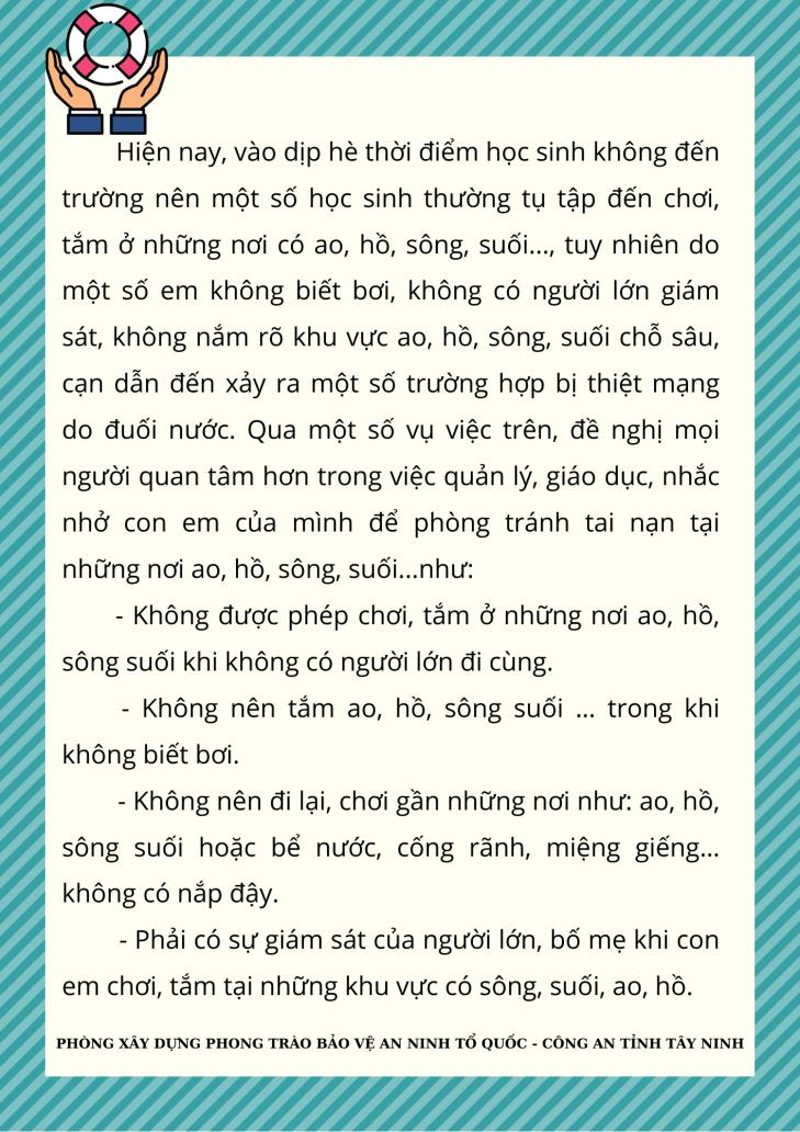 KHUYẾN CÁO BIỆN PHÁP PHÒNG TRÁNH TAI NẠN ĐUỐI NƯỚC 